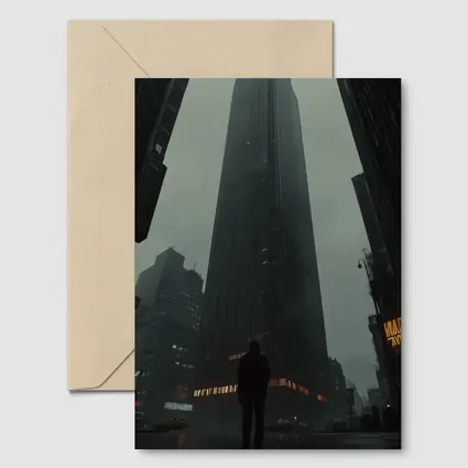Lone Figure Standing Before Dark Rainy Skyscraper