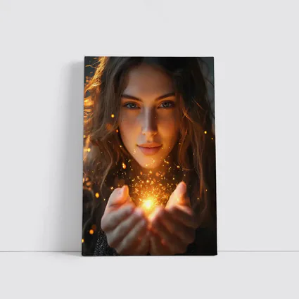 Young Woman Holding Golden Sparkling Light