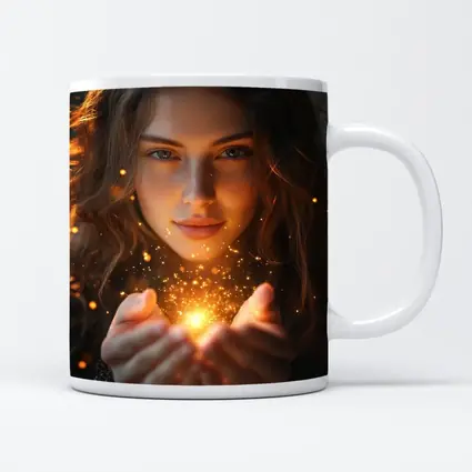 Young Woman Holding Golden Sparkling Light