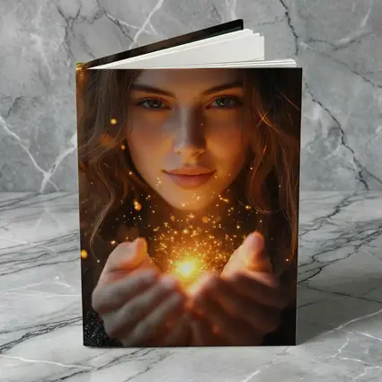 Young Woman Holding Golden Sparkling Light