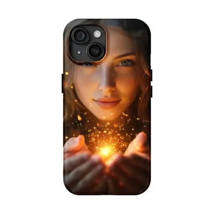 Young Woman Holding Golden Sparkling Light
