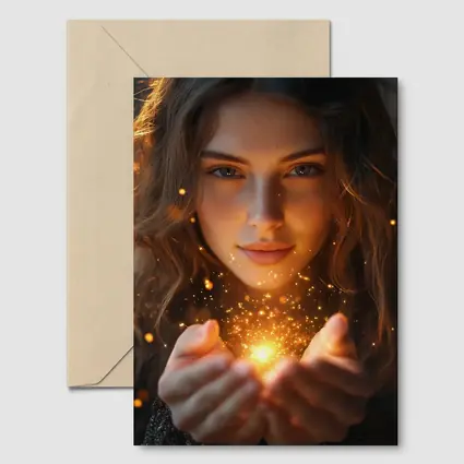 Young Woman Holding Golden Sparkling Light