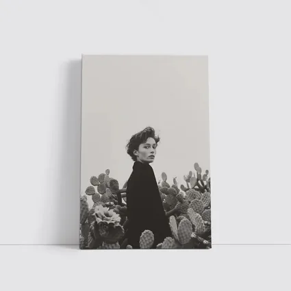 Woman Among Cactus Black White Portrait