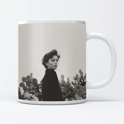 Woman Among Cactus Black White Portrait
