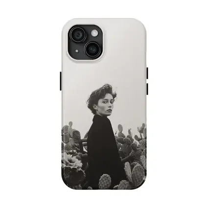 Woman Among Cactus Black White Portrait
