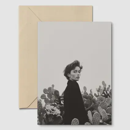 Woman Among Cactus Black White Portrait