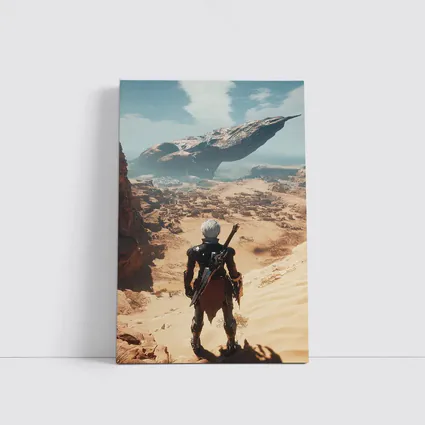 Warrior Overlooking Desert City Alien Spaceship