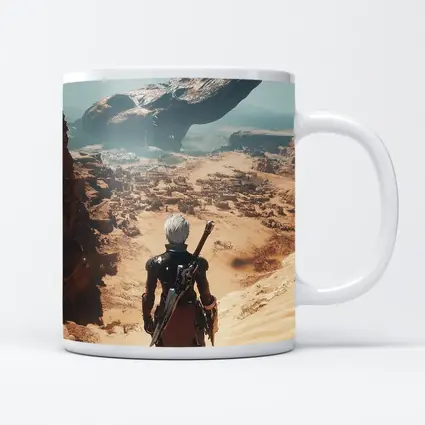 Warrior Overlooking Desert City Alien Spaceship