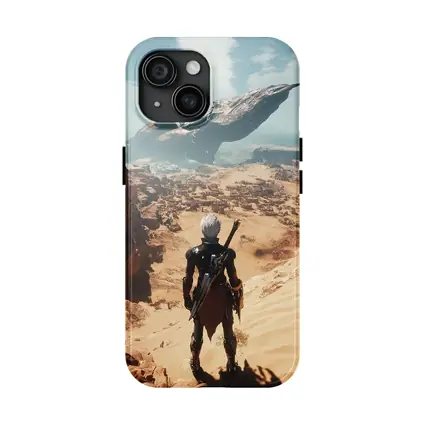 Warrior Overlooking Desert City Alien Spaceship