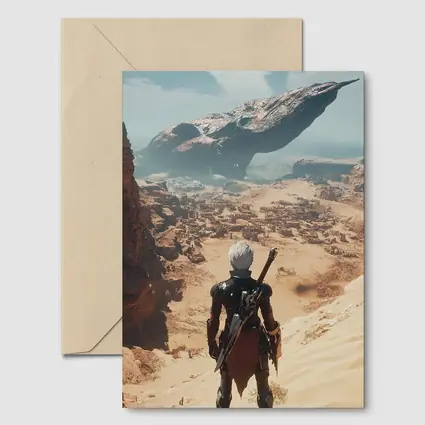Warrior Overlooking Desert City Alien Spaceship