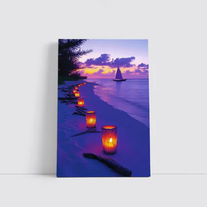 Candlelit Beach Path Purple Sunset Sailboat
