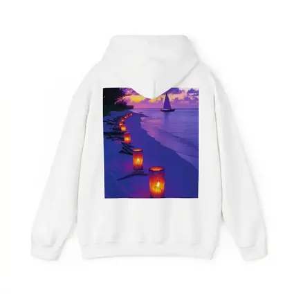 Candlelit Beach Path Purple Sunset Sailboat