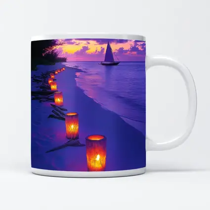 Candlelit Beach Path Purple Sunset Sailboat