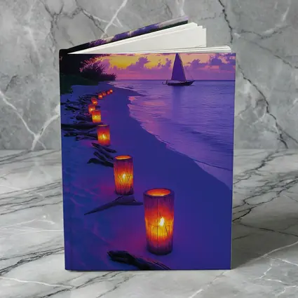 Candlelit Beach Path Purple Sunset Sailboat