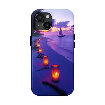 Candlelit Beach Path Purple Sunset Sailboat