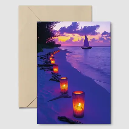 Candlelit Beach Path Purple Sunset Sailboat
