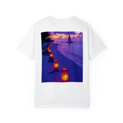 Candlelit Beach Path Purple Sunset Sailboat
