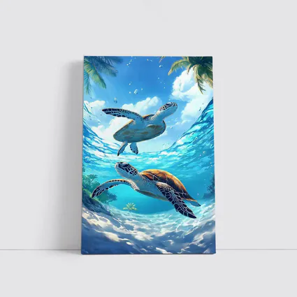 Two Sea Turtles Swimming Tropical Ocean Waters