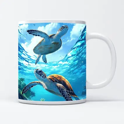 Two Sea Turtles Swimming Tropical Ocean Waters