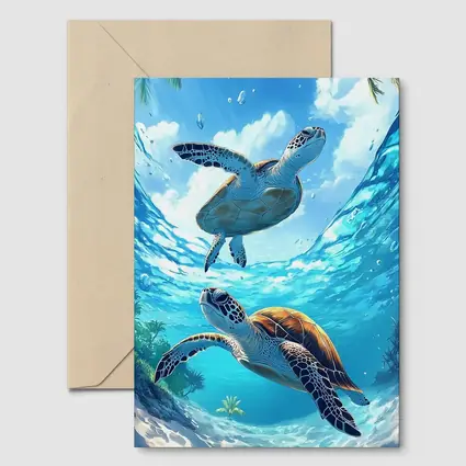 Two Sea Turtles Swimming Tropical Ocean Waters