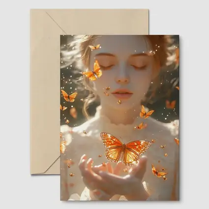 Girl Holding Butterfly Golden Light Fantasy