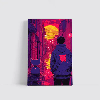 Anime Boy Cat Rainy Neon Alley Night
