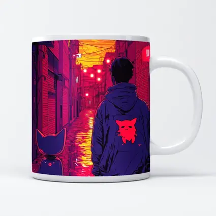 Anime Boy Cat Rainy Neon Alley Night