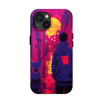 Anime Boy Cat Rainy Neon Alley Night