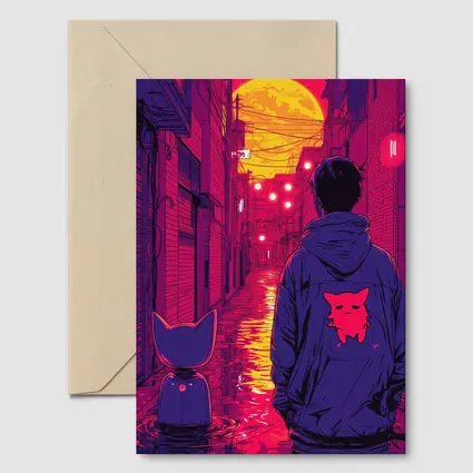 Anime Boy Cat Rainy Neon Alley Night