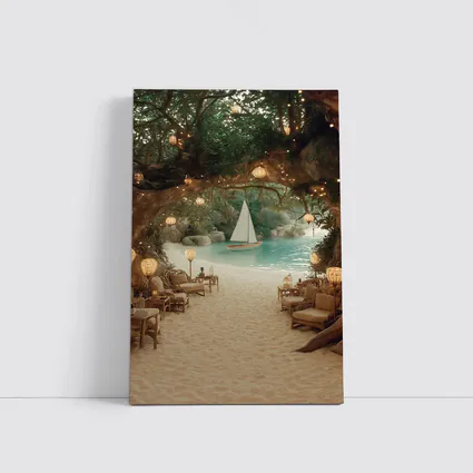 Tropical Cave Beach Sailboat Warm Lantern Light