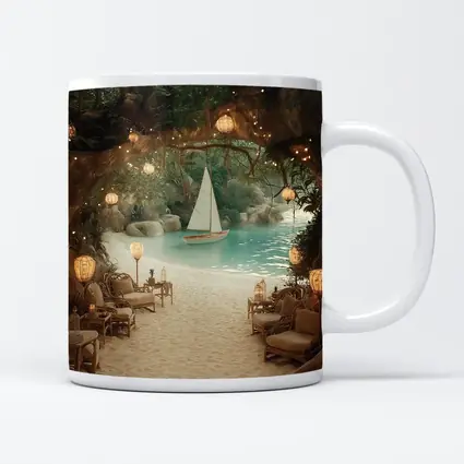 Tropical Cave Beach Sailboat Warm Lantern Light