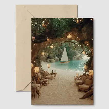 Tropical Cave Beach Sailboat Warm Lantern Light