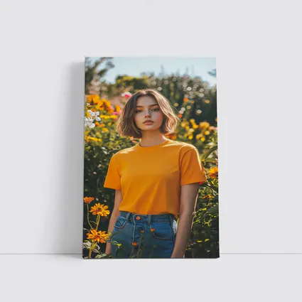 Young Woman Orange Shirt Garden Flowers