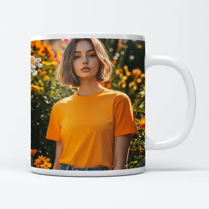 Young Woman Orange Shirt Garden Flowers