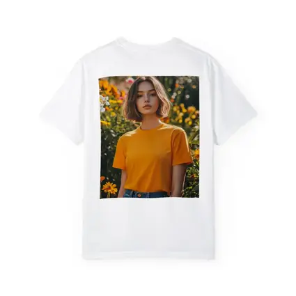Young Woman Orange Shirt Garden Flowers