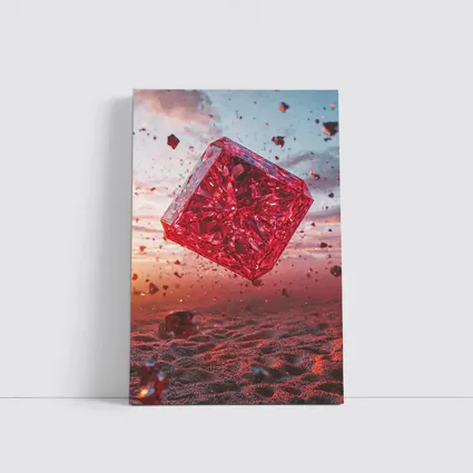 Red Crystal Cube Floating Desert Sunset