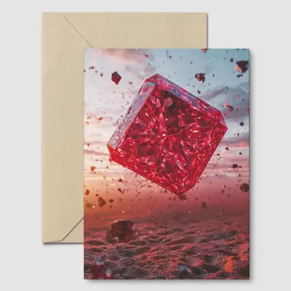 Red Crystal Cube Floating Desert Sunset
