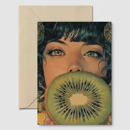 Woman Green Eyes Kiwi Fruit Illustration Art