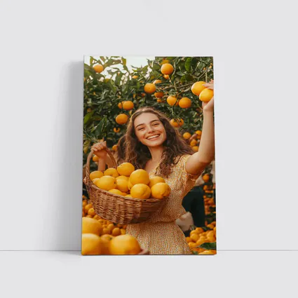 Smiling Woman Picking Lemons Citrus Orchard