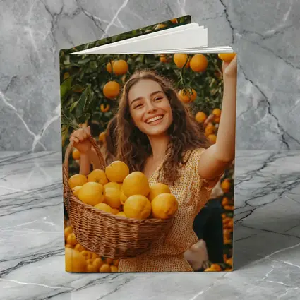 Smiling Woman Picking Lemons Citrus Orchard