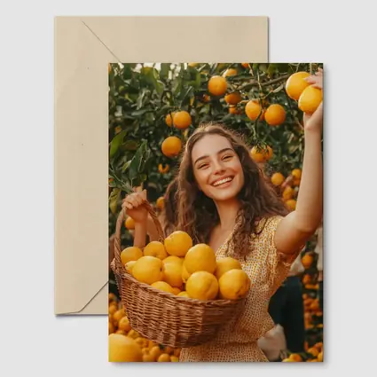 Smiling Woman Picking Lemons Citrus Orchard