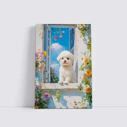 Bichon Frise Puppy Oil Painting Window Flowers