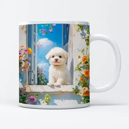 Bichon Frise Puppy Oil Painting Window Flowers