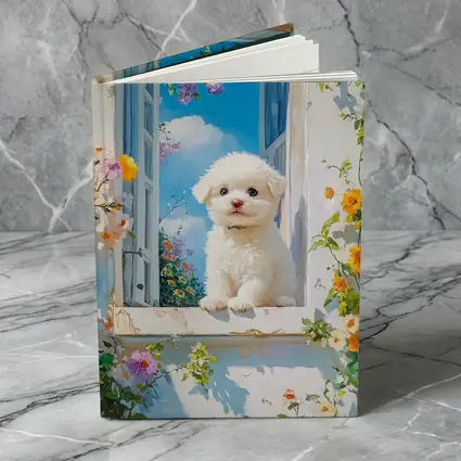 Bichon Frise Puppy Oil Painting Window Flowers