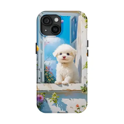 Bichon Frise Puppy Oil Painting Window Flowers