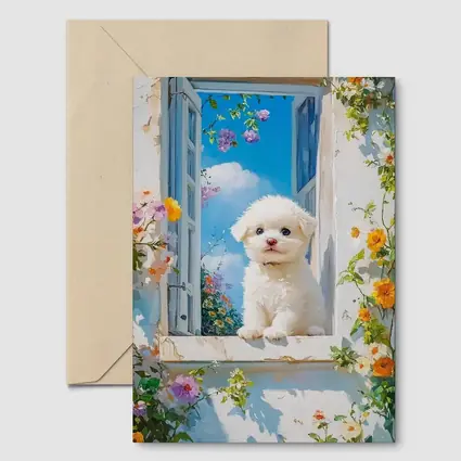 Bichon Frise Puppy Oil Painting Window Flowers