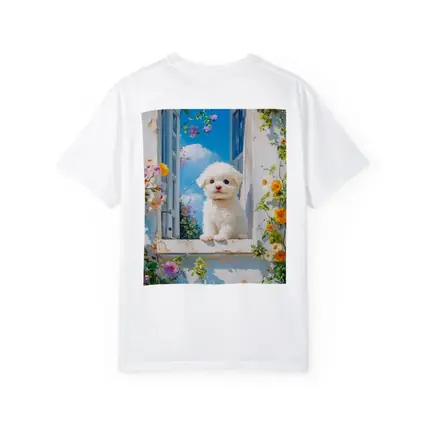 Bichon Frise Puppy Oil Painting Window Flowers