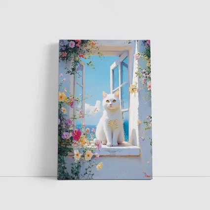 White Cat Sitting On Floral Window Sill
