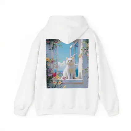 White Cat Sitting On Floral Window Sill