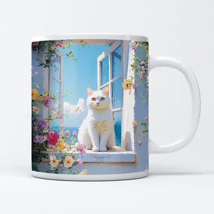 White Cat Sitting On Floral Window Sill